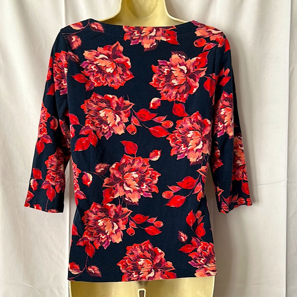 Croft and Barrow Navy Blue/Pink 3/4 Sleeves Cotton Shirt Top Size M - Picture 2 of 4